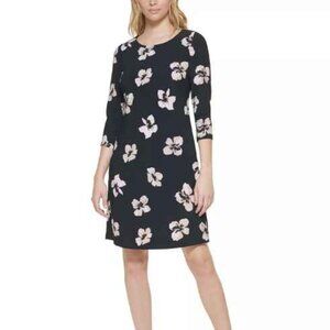 Tommy Hilfiger Floral Print Shift Dress Black Cream Size 4